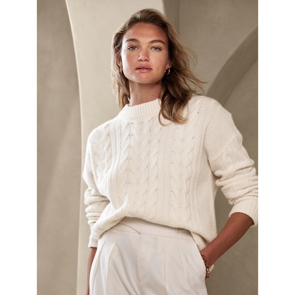 Banana Republic | Italian Merino Cable-Knit Sweater L Cream Wool Cashmere Blend